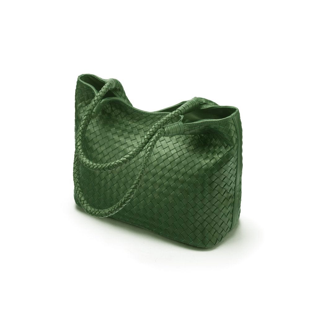 Woven leather bag, green, side view