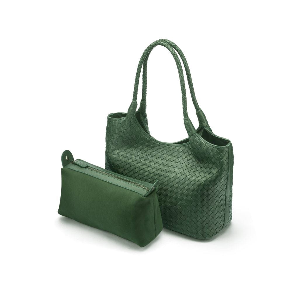 Woven leather bag, green, with inner bag