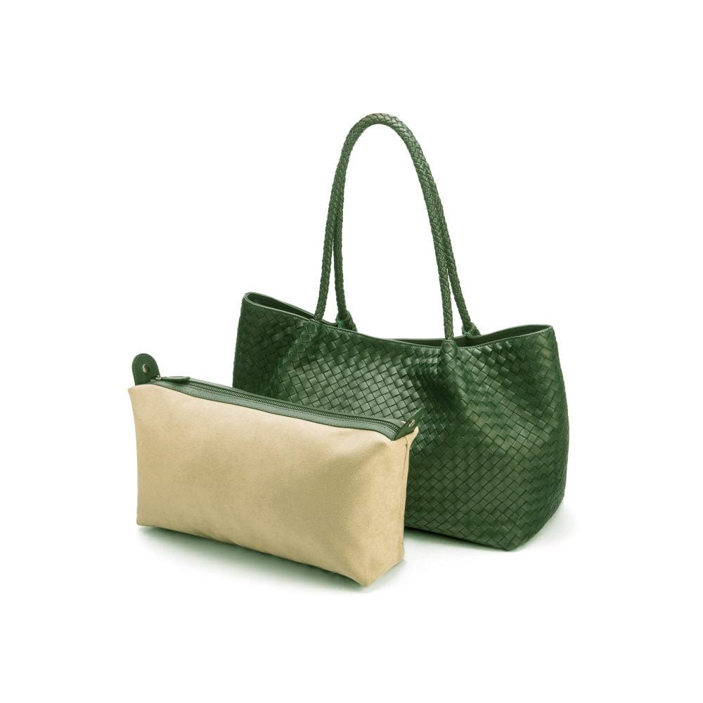 Woven leather shoulder bag, green, with inner bag