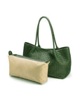 Woven leather shoulder bag, green, with inner bag