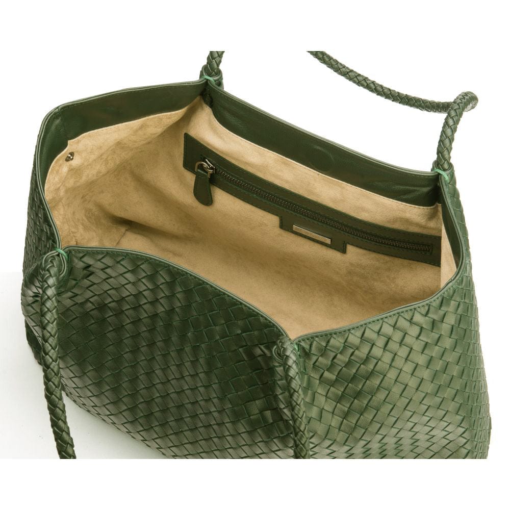 Woven leather shoulder bag, green, open