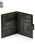 Compact leather RFID billfold wallet with tab, green croc, open
