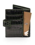 Compact leather RFID billfold wallet with tab, green croc, back