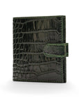 Compact leather RFID billfold wallet with tab, green croc, front