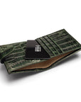 Compact leather RFID billfold wallet with tab, green croc, inside