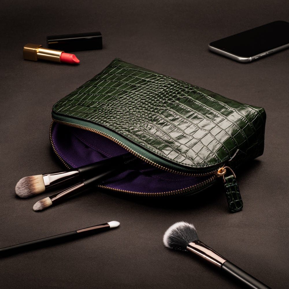 Leather cosmetic bag, green croc, lifestyle