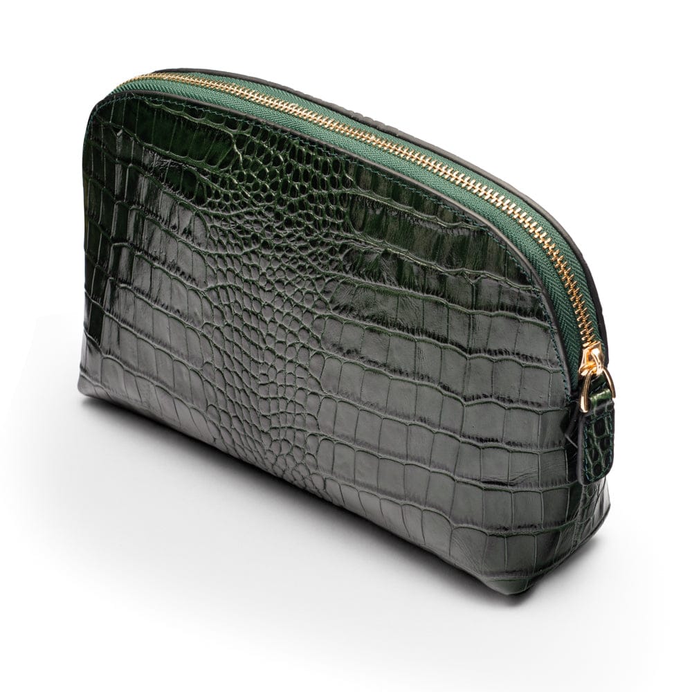 Leather cosmetic bag, green croc, front view