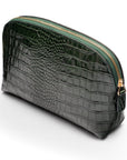 Leather cosmetic bag, green croc, front view