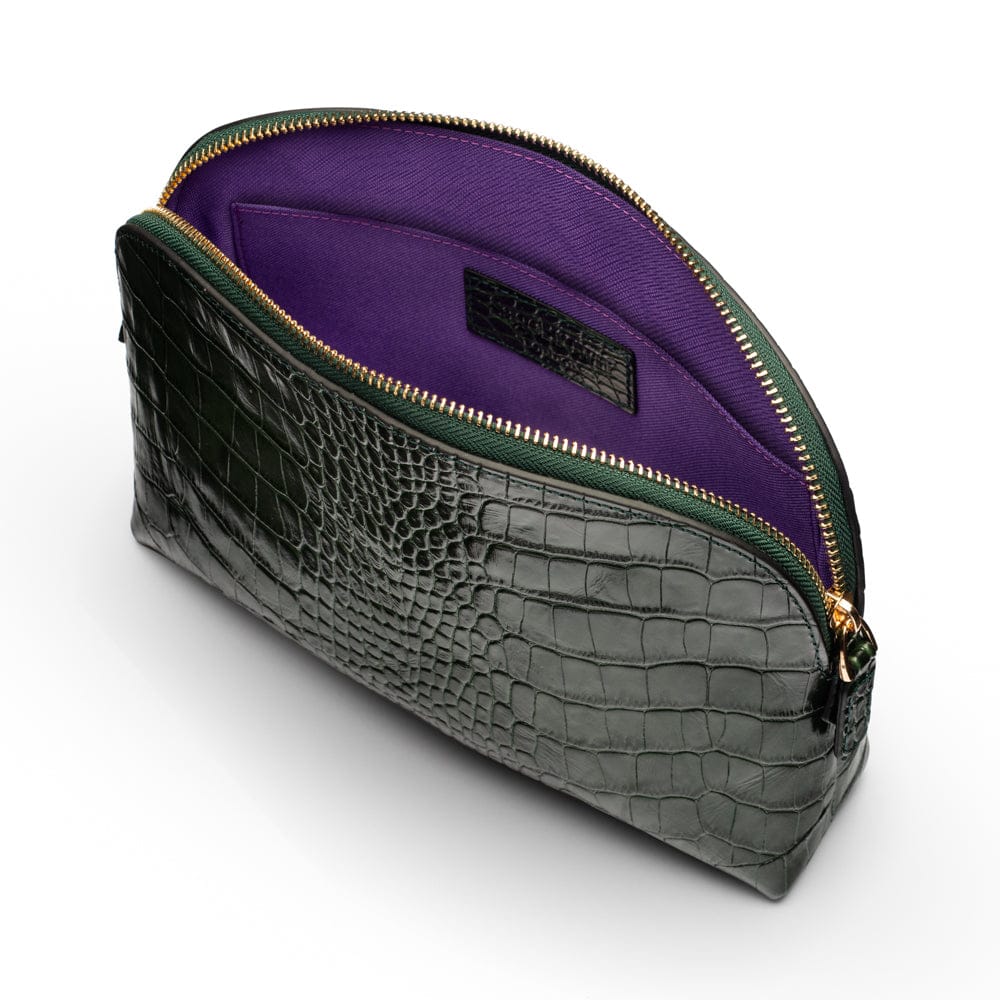 Leather cosmetic bag, green croc, open