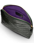 Leather cosmetic bag, green croc, open