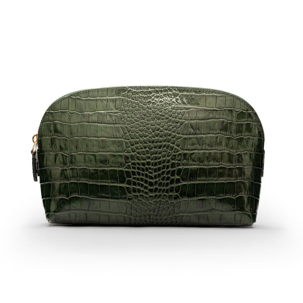 Leather cosmetic bag, green croc, front