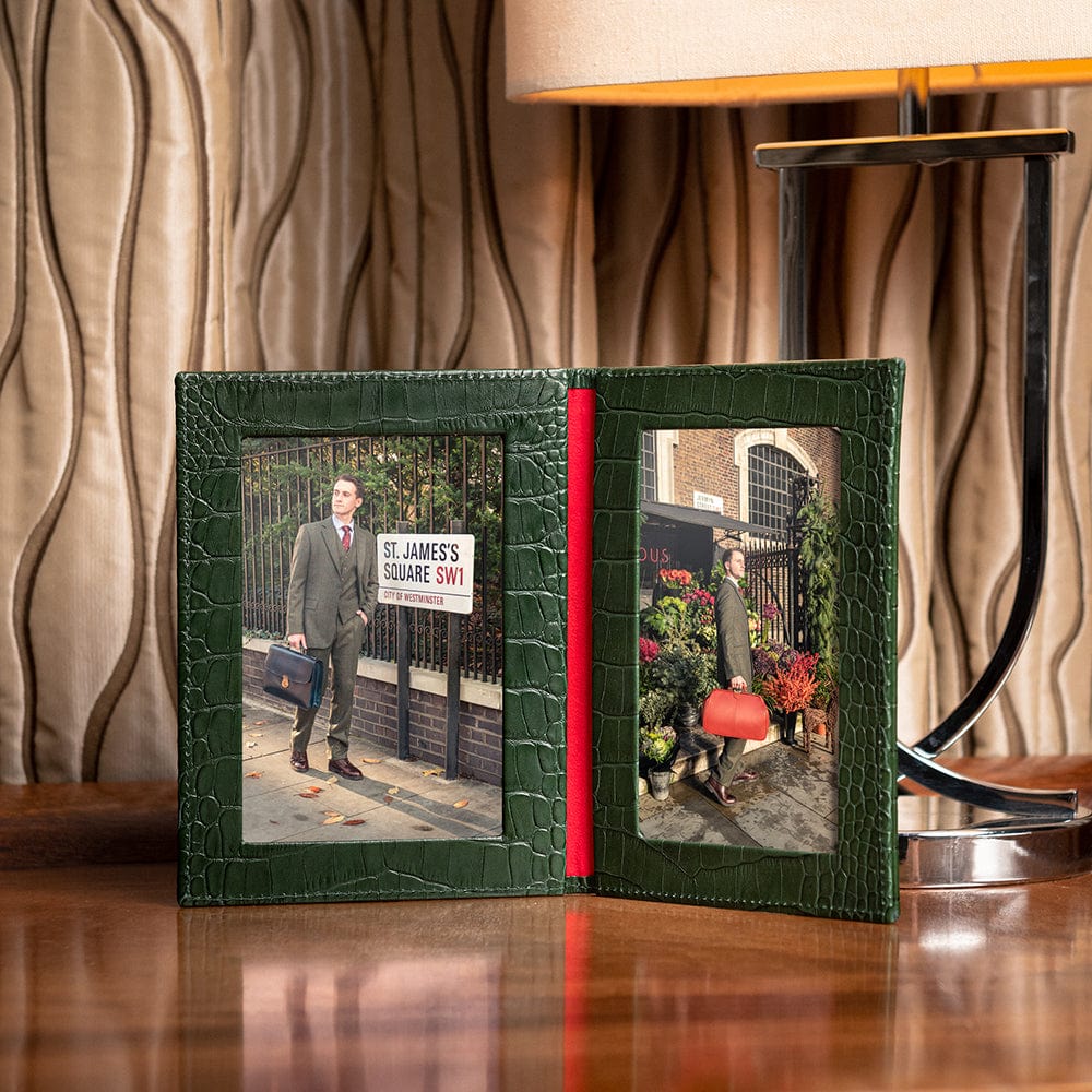 Double leather photo frame, green croc, 6 x 4", lifestyle