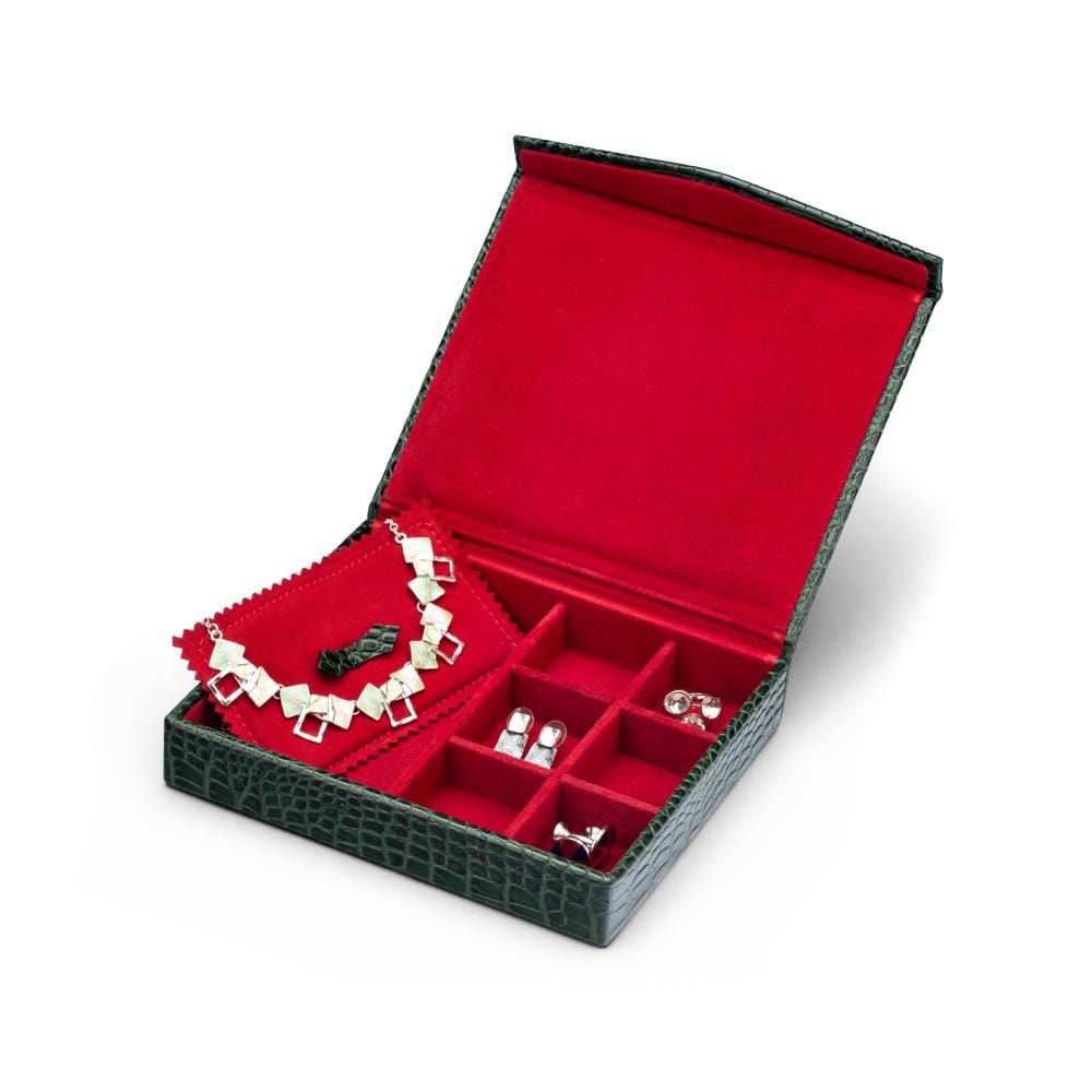 Large Leather Accessory And Cufflink Box, Green Croc Effect With Red, open