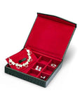 Large Leather Accessory And Cufflink Box, Green Croc Effect With Red, open