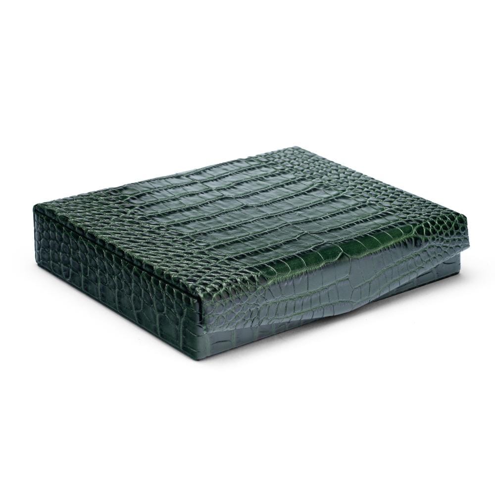 Large Leather Accessory And Cufflink Box, Green Croc Effect With Red, front