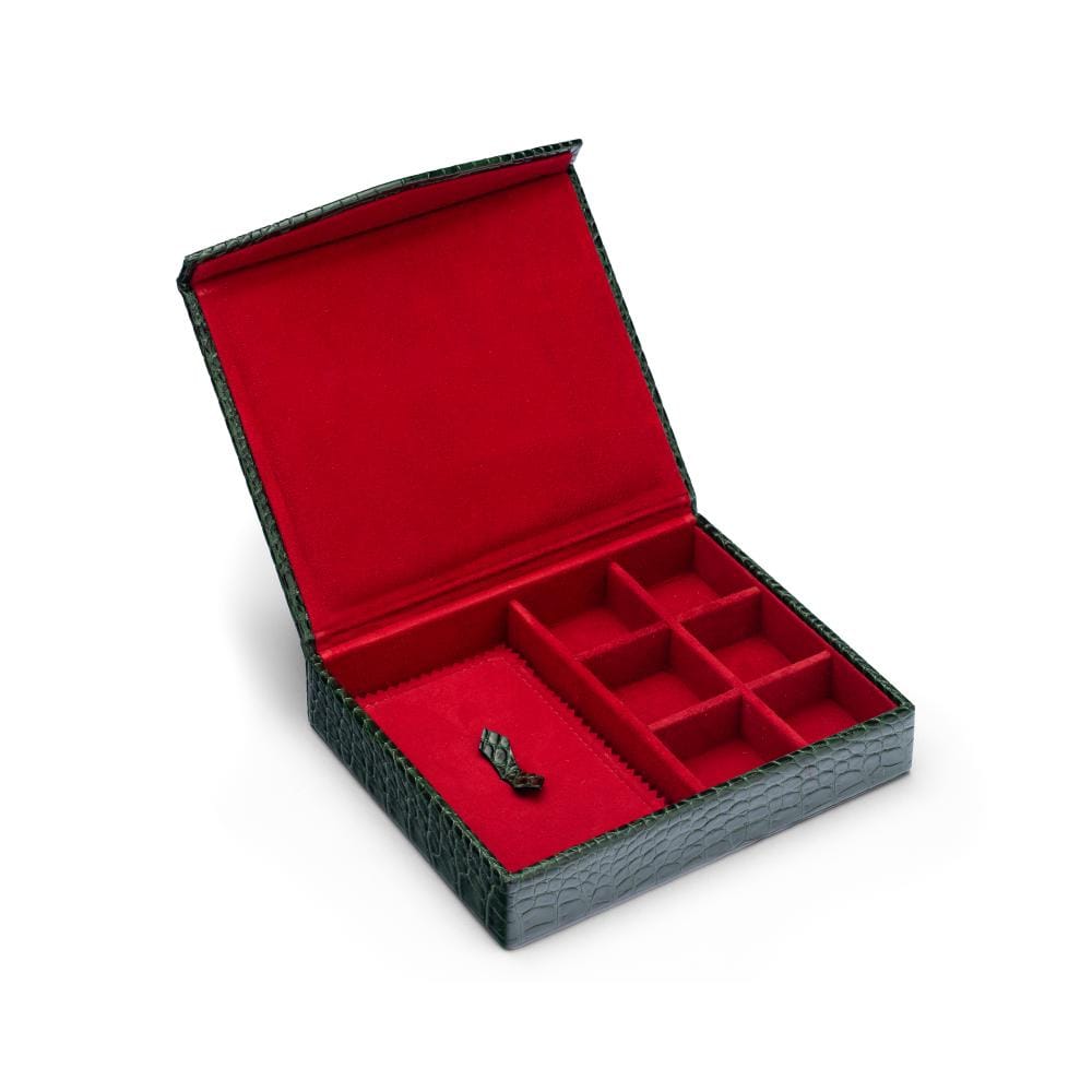Large Leather Accessory And Cufflink Box, Green Croc Effect With Red, inside