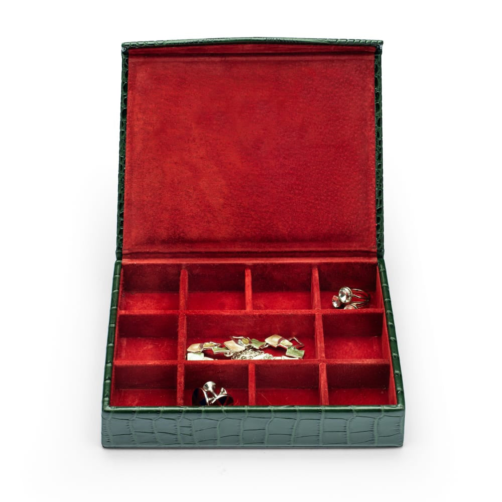 Large Leather Cufflink And Jewellery Box, Green Croc Effect With Red, open
