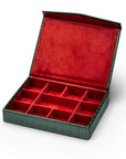 Large Leather Cufflink And Jewellery Box, Green Croc Effect With Red, inside