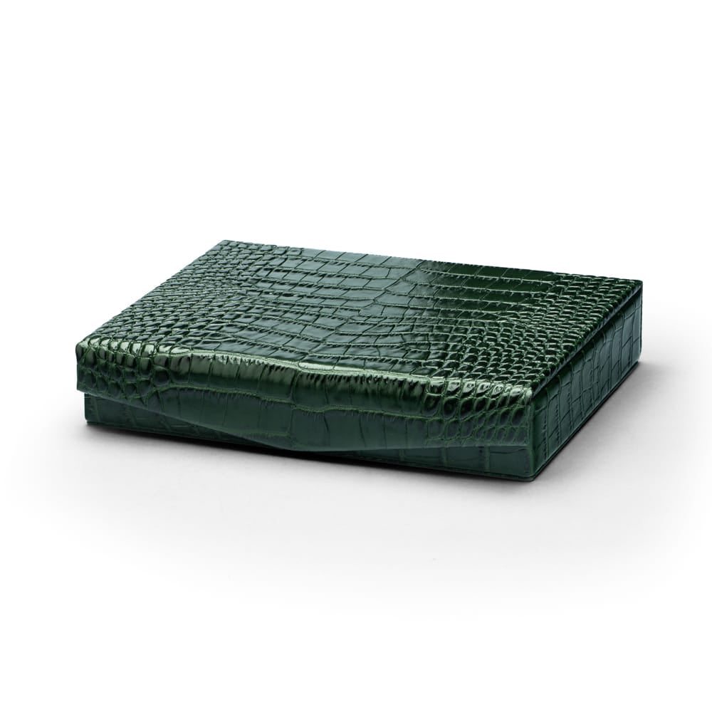 Large Leather Cufflink And Jewellery Box, Green Croc Effect With Red, front
