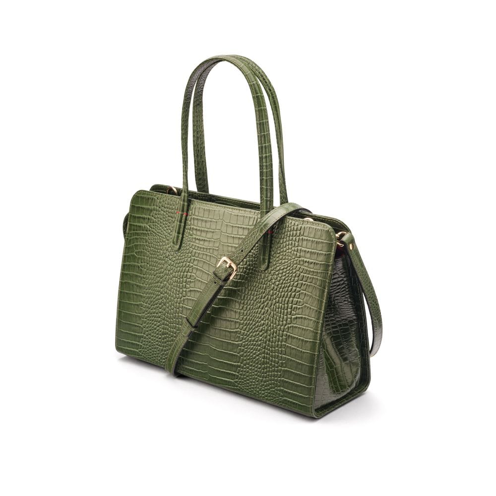 Ladies' leather 15" laptop handbag, green croc, with shoulder strap