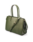 Ladies' leather 15" laptop handbag, green croc, with shoulder strap