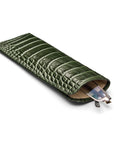 Large leather glasses case, green croc, open