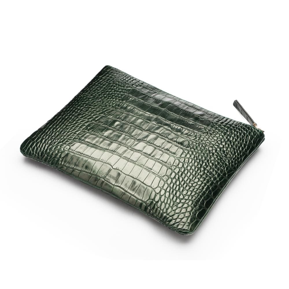 Large leather makeup bag, green croc, front view