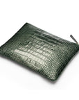 Large leather makeup bag, green croc, front view