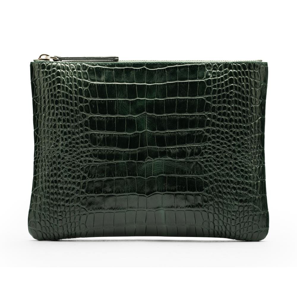 Large leather makeup bag, green croc, front