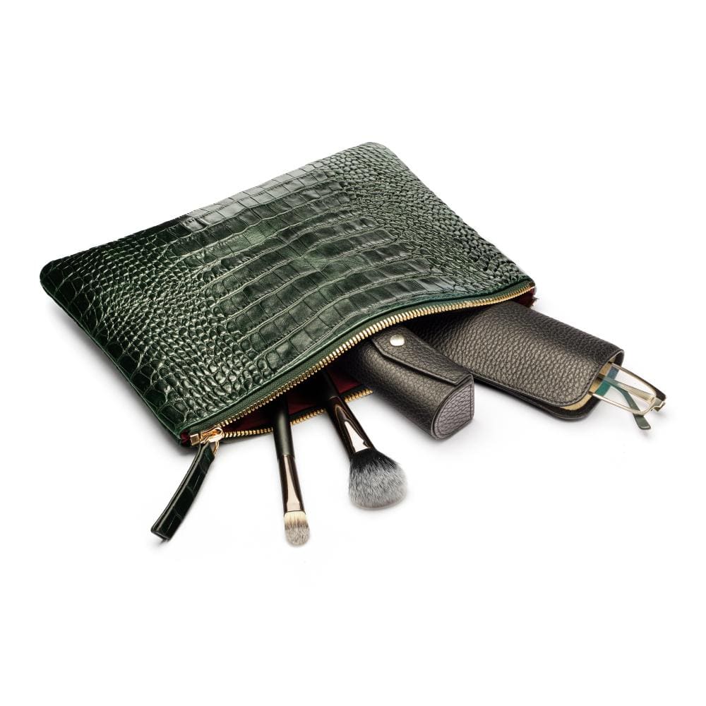 Large leather makeup bag, green croc, lifestyle