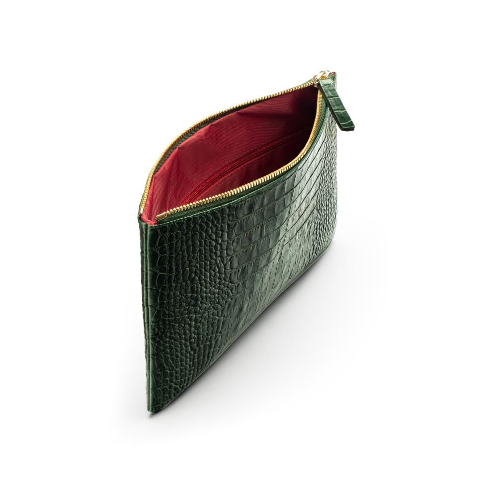 Large leather makeup bag, green croc, inside