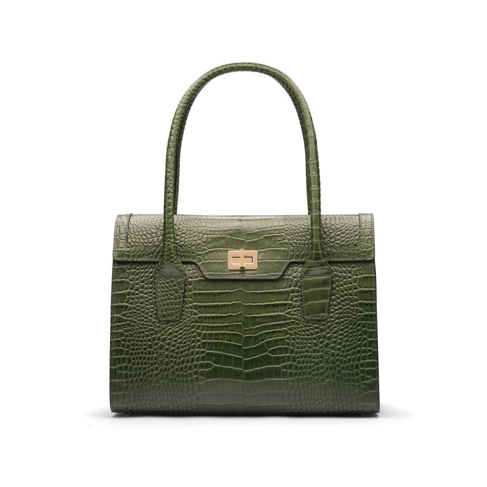 Large leather Morgan bag, green croc, front view