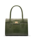 Large leather Morgan bag, green croc, front view