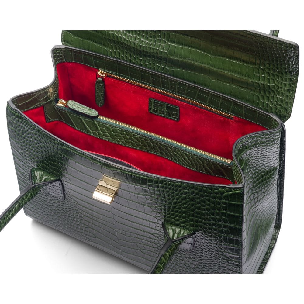Large leather Morgan bag, green croc, inside