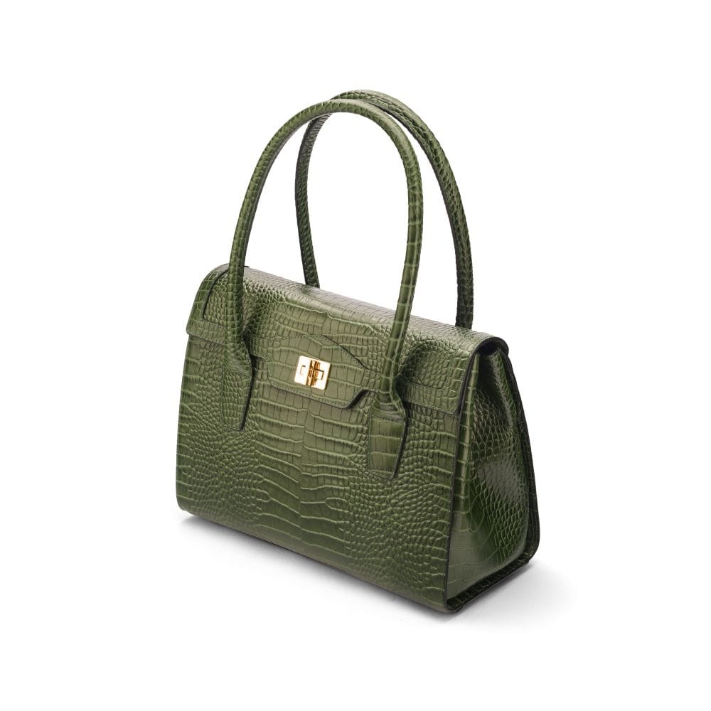 Large leather Morgan bag, green croc, side