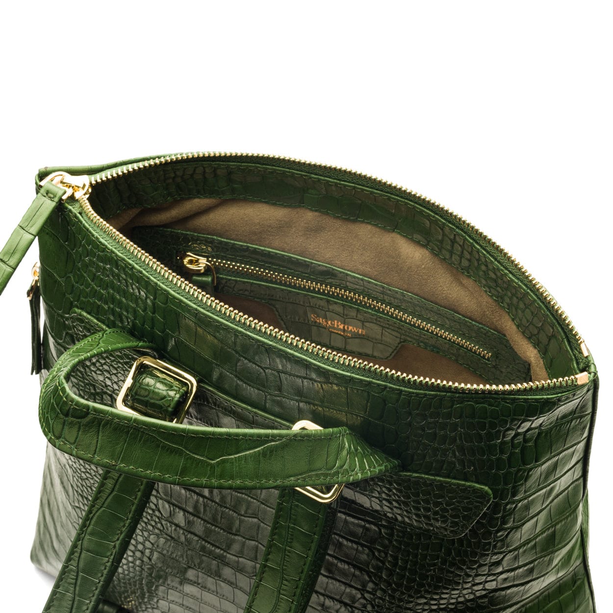 Leather 13" laptop backpack, green croc, open