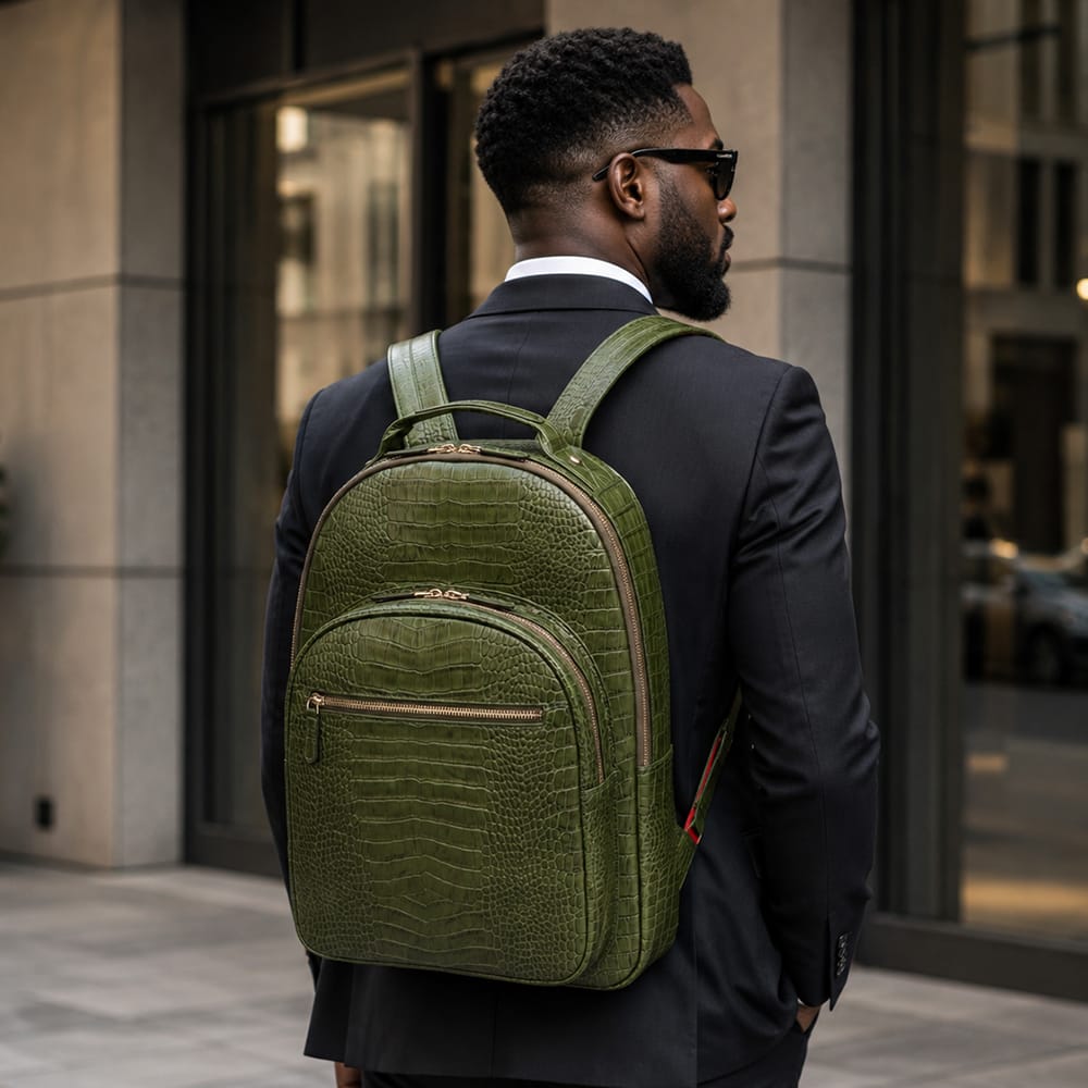 Men's leather 15" laptop backpack, green croc, on a models back
