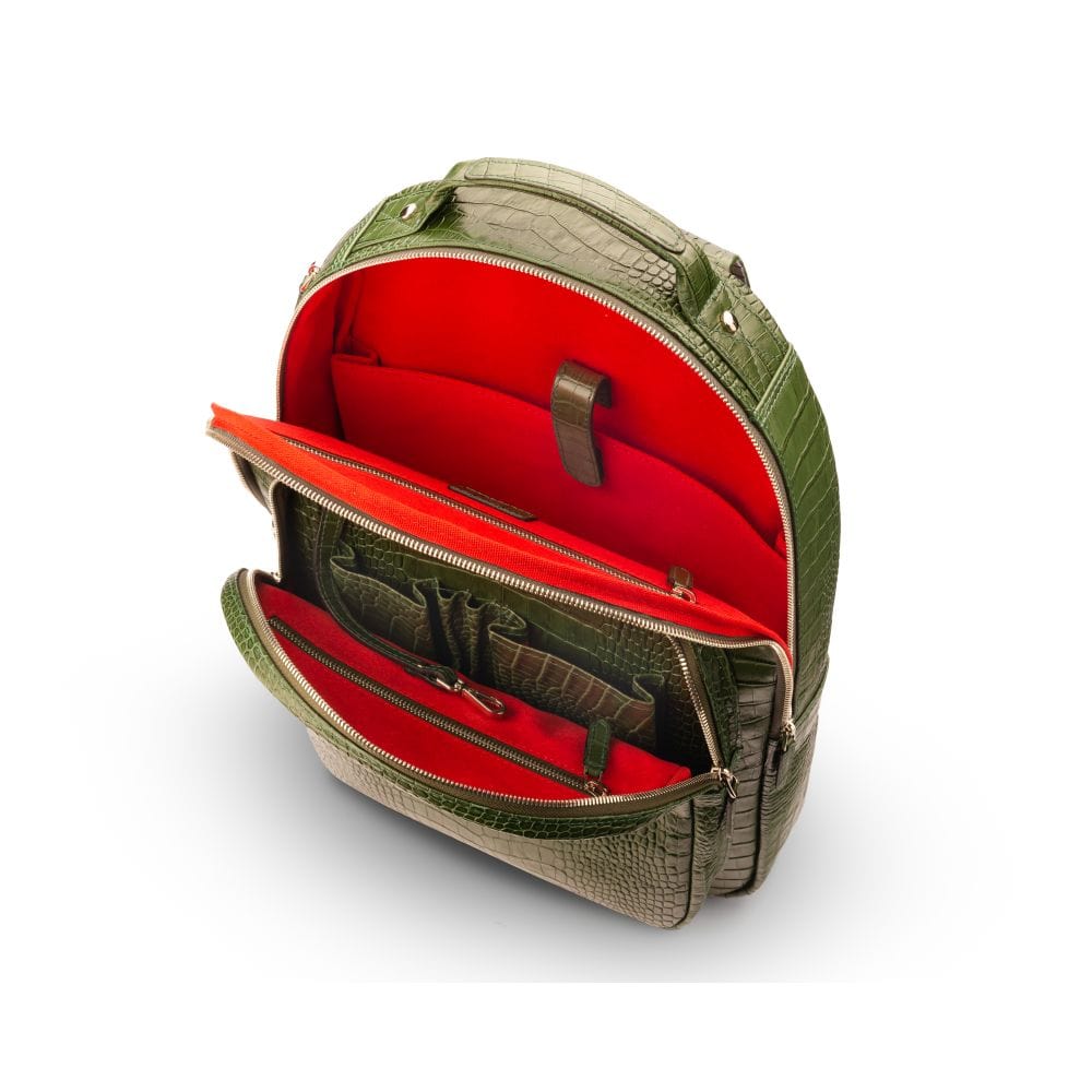 Men's leather 15" laptop backpack, green croc, inside