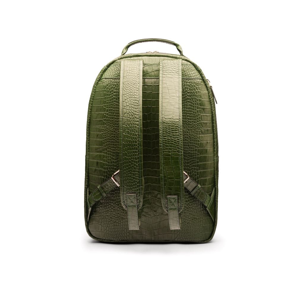 Men's leather 15" laptop backpack, green croc, back view