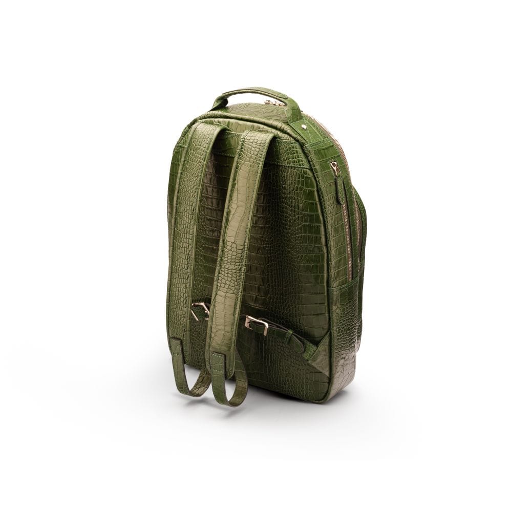 Men's leather 15" laptop backpack, green croc, back