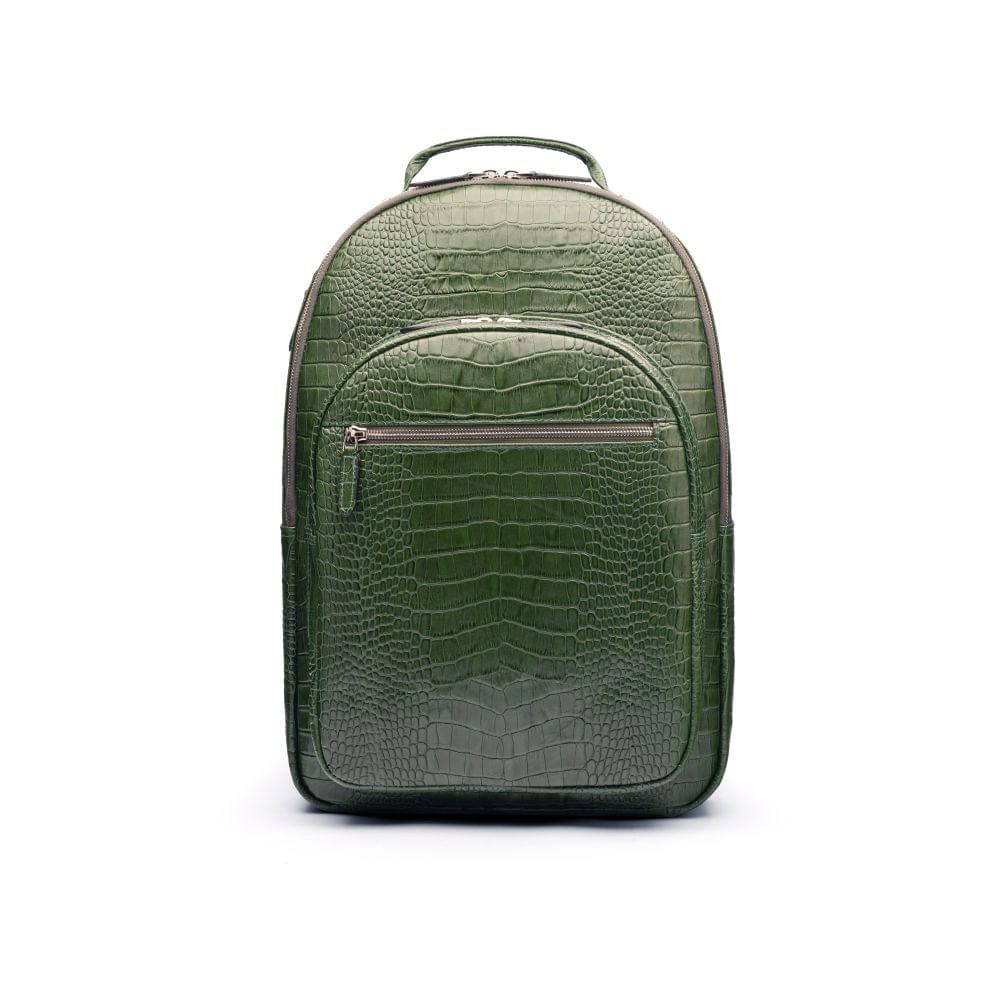 Men's leather 15" laptop backpack, green croc, front view