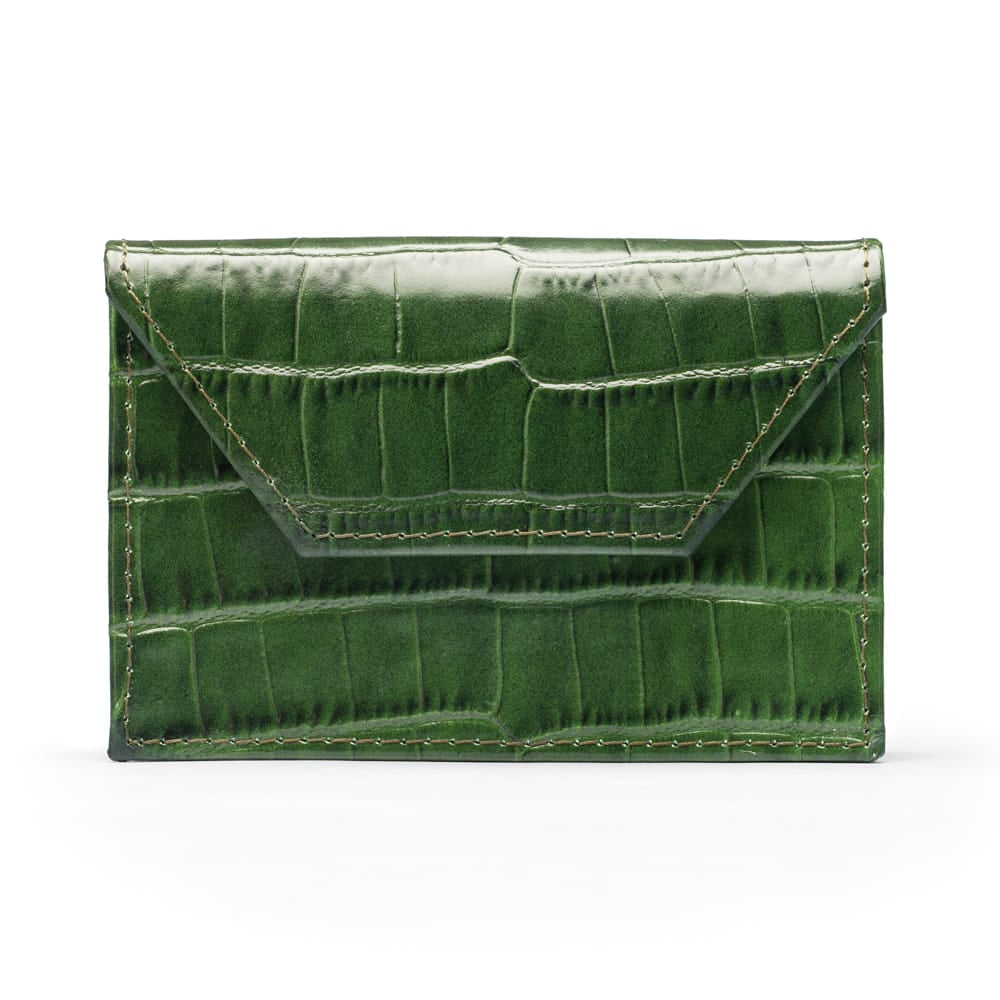 Leather business card holder, green croc, front
