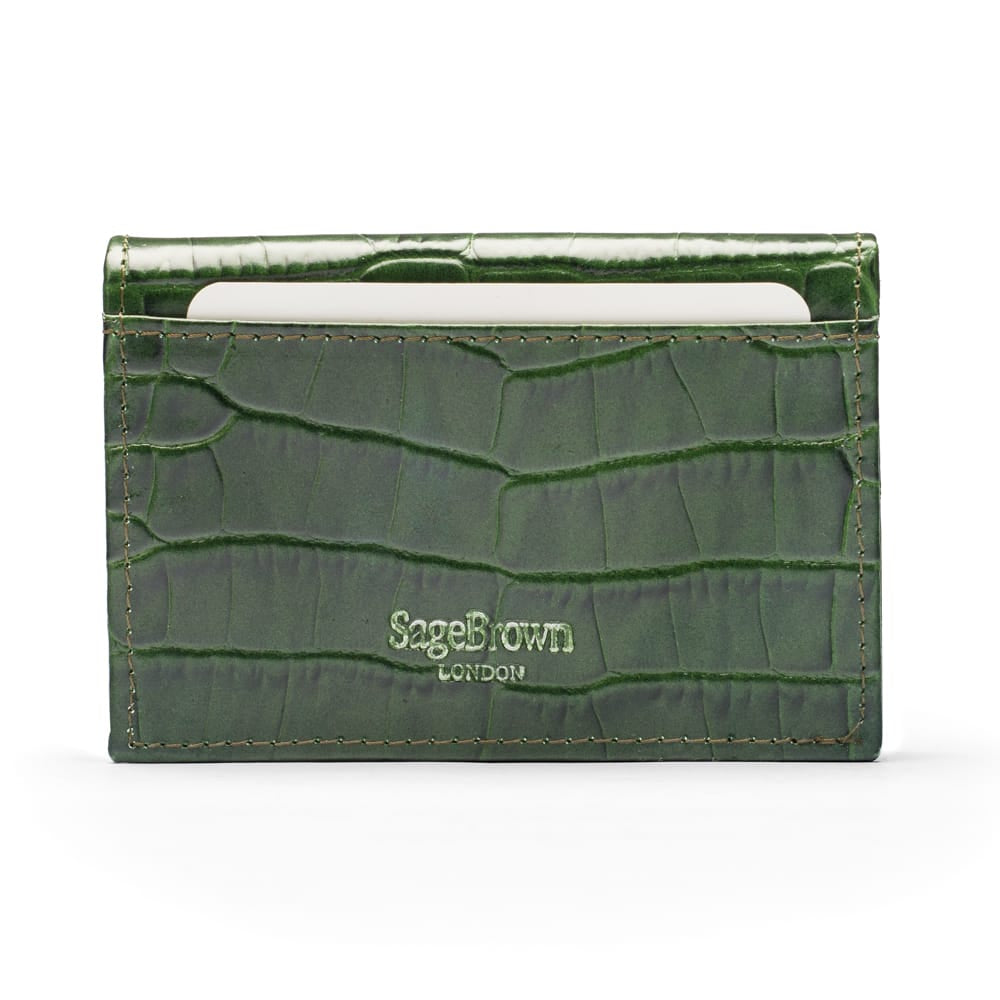 Leather business card holder, green croc, back