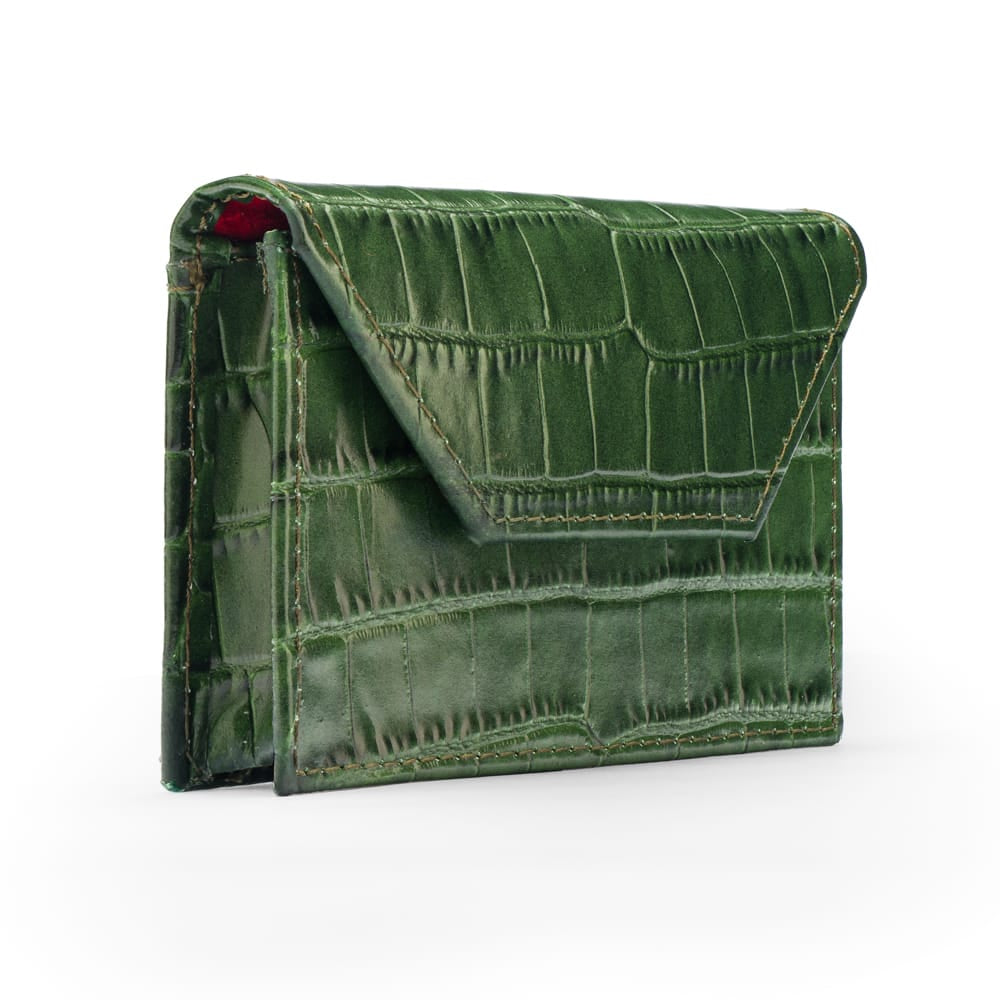 Leather business card holder, green croc, side