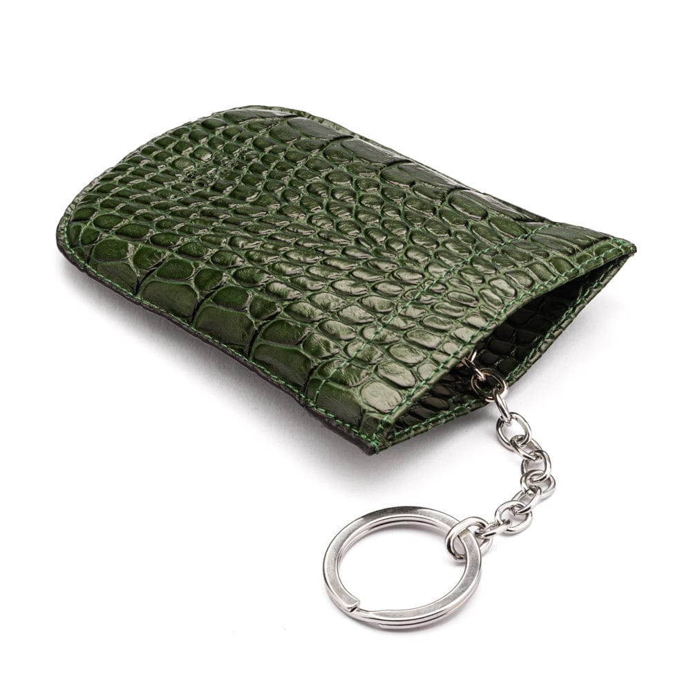 Leather key case with squeeze spring opening, green croc, back
