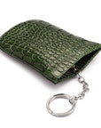 Leather key case with squeeze spring opening, green croc, back