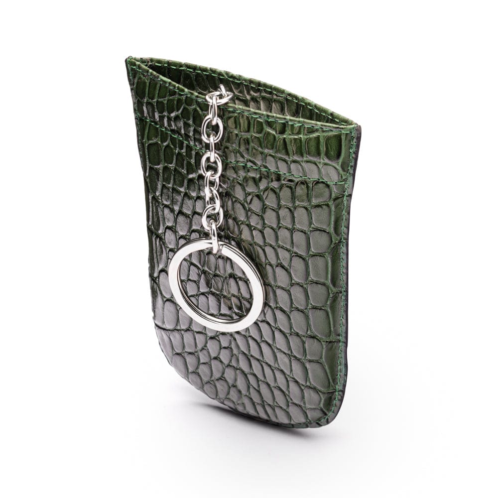 Leather key case with squeeze spring opening, green croc, front