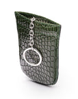 Leather key case with squeeze spring opening, green croc, front