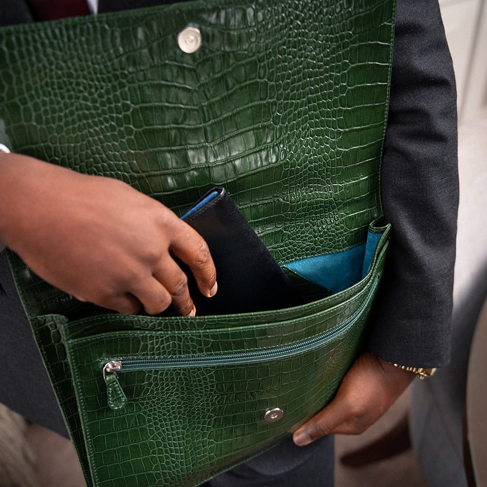 Leather portfolio case, green croc, lifestyle