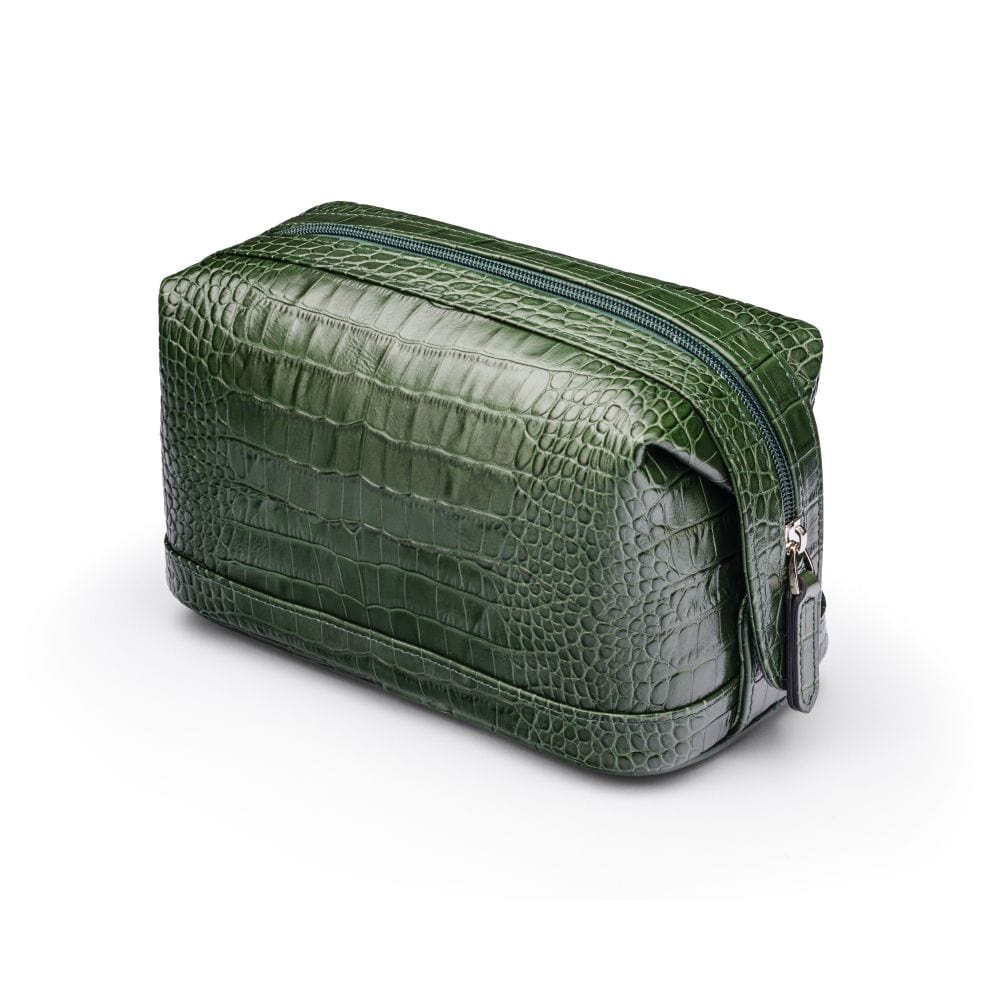Leather wash bag, green croc, side view